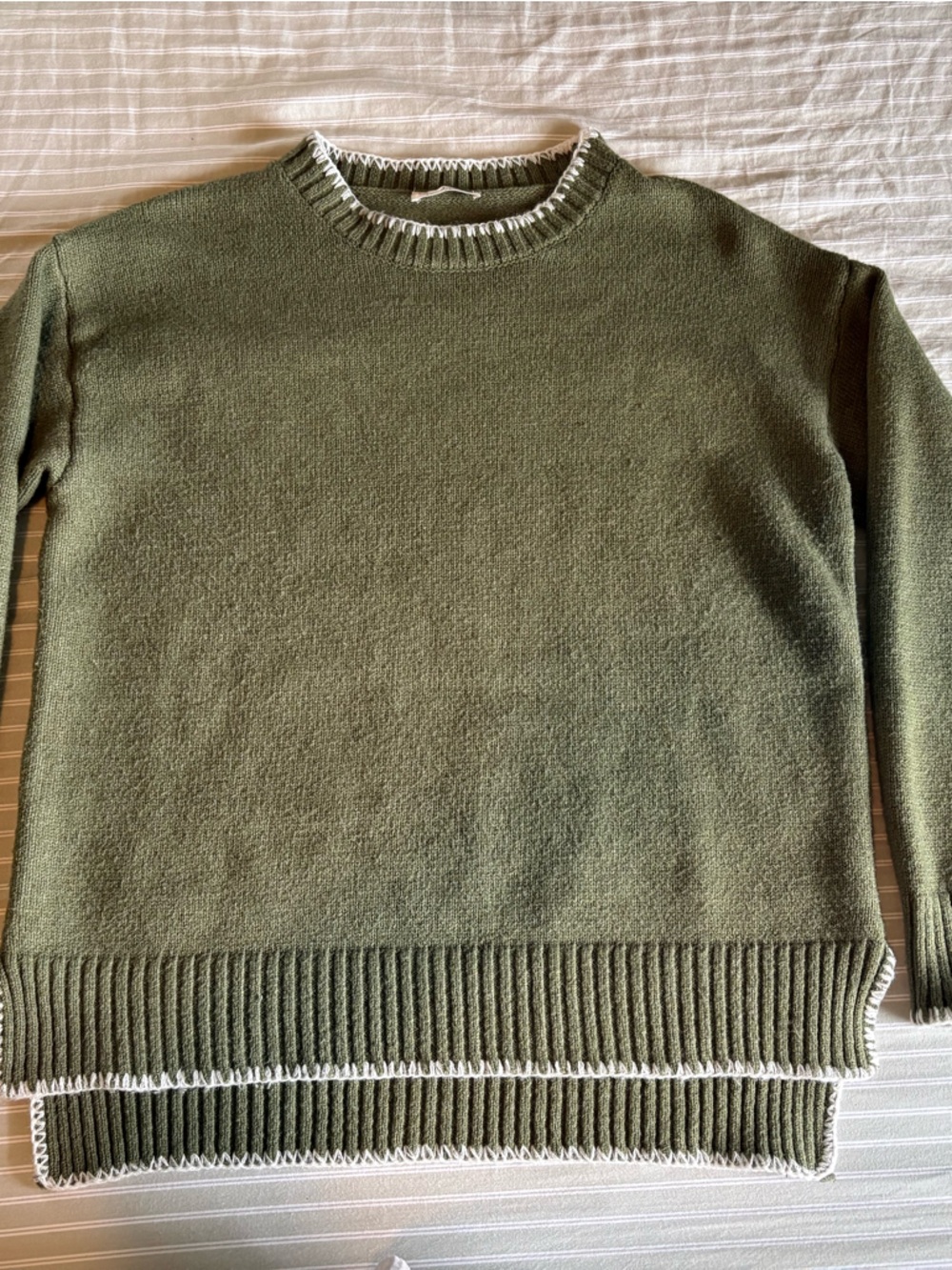 Olive Green Knit Sweater with white trim